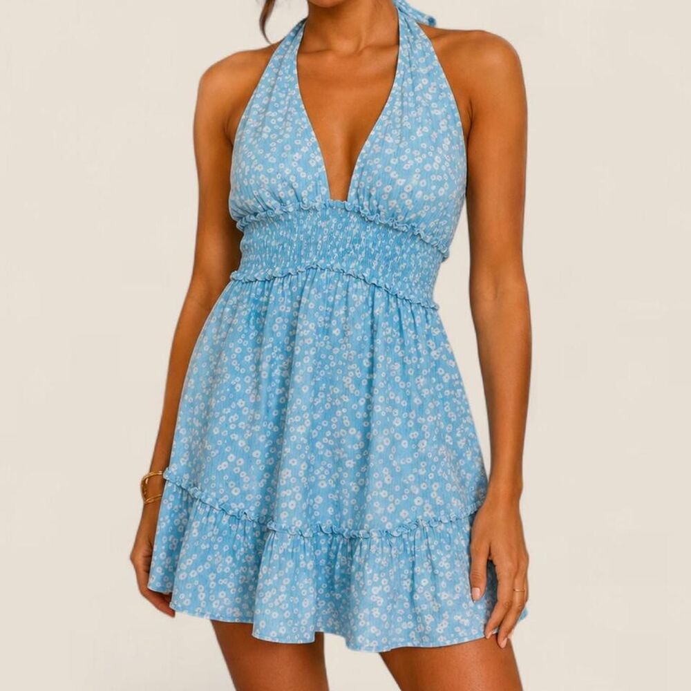 Aerie Micro Floral Baby Blue Halter Babydoll Mini Dress Small Cottagecore